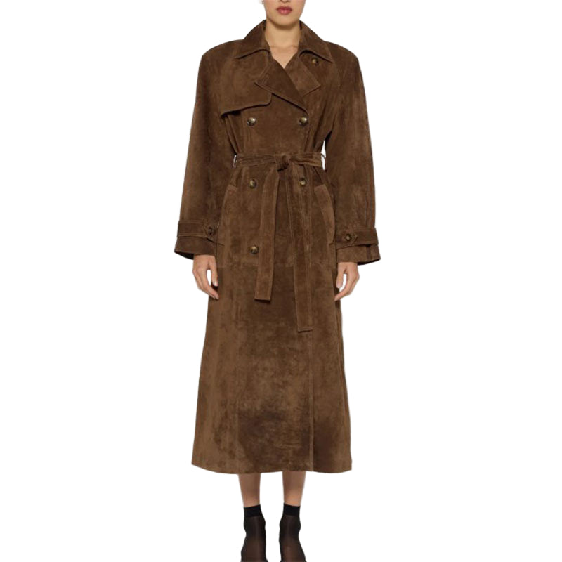 Brown suede trench coat on a white background