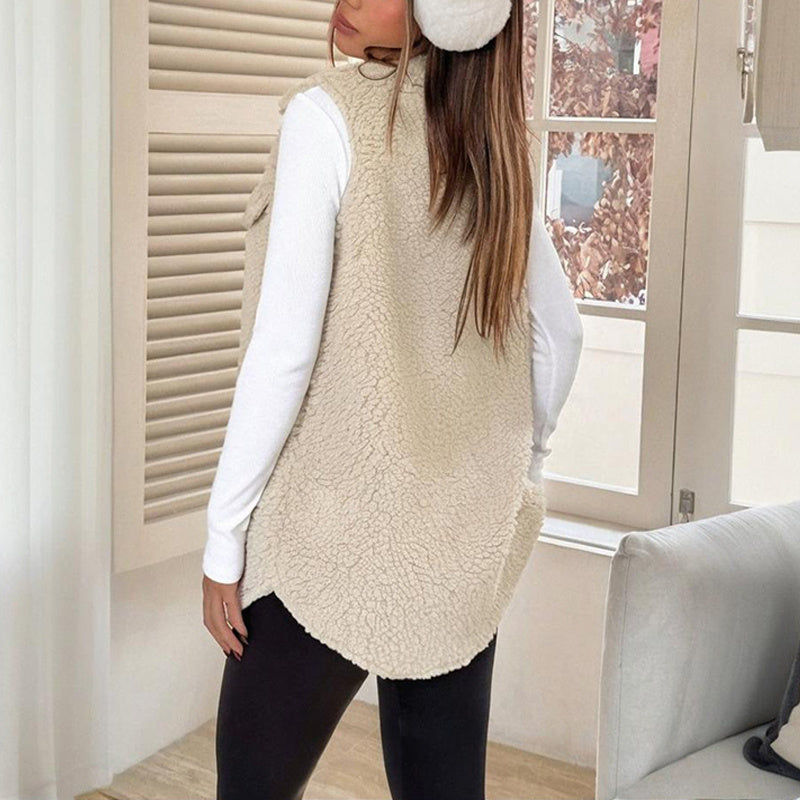 Women's Wool-Like Sleeveless Vest With Lapel, Waistcoat For Layering.