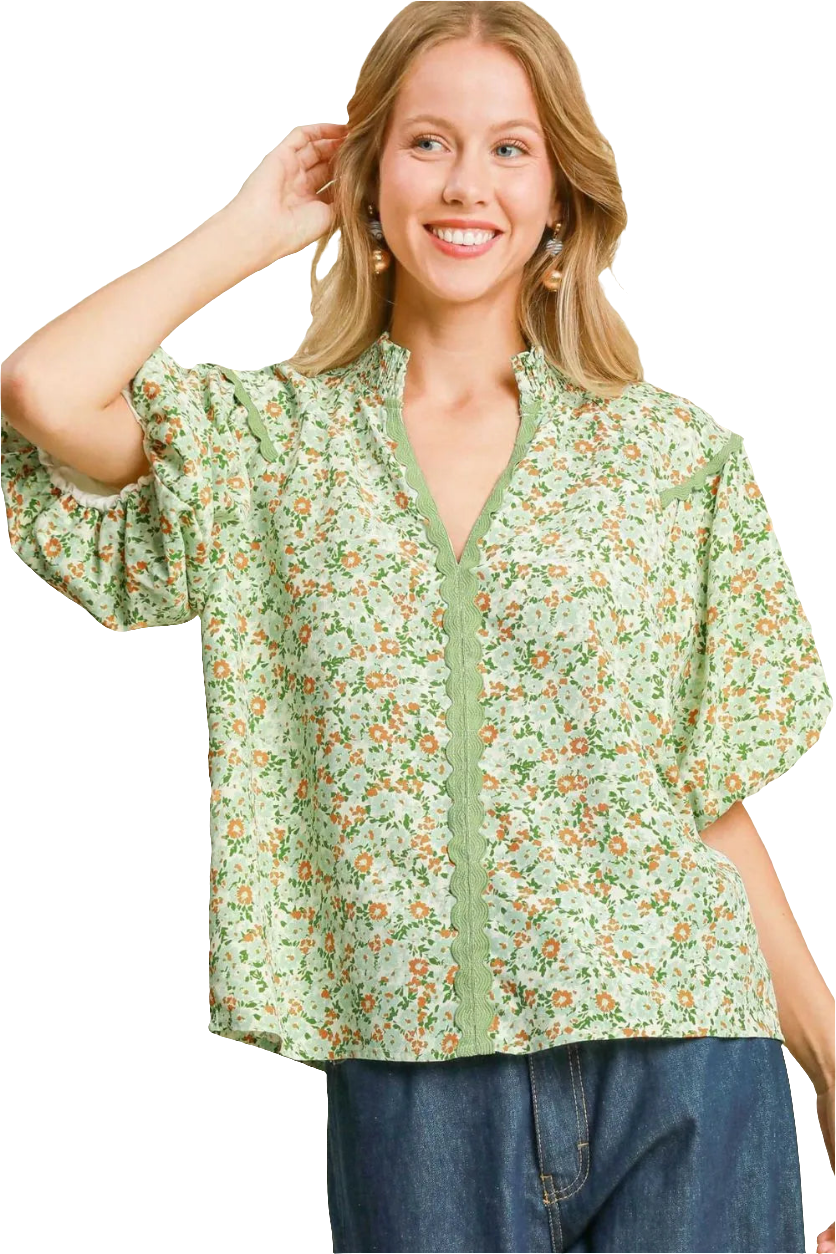 Umgee Full Size Floral Print Puff Sleeve Top Plus Size