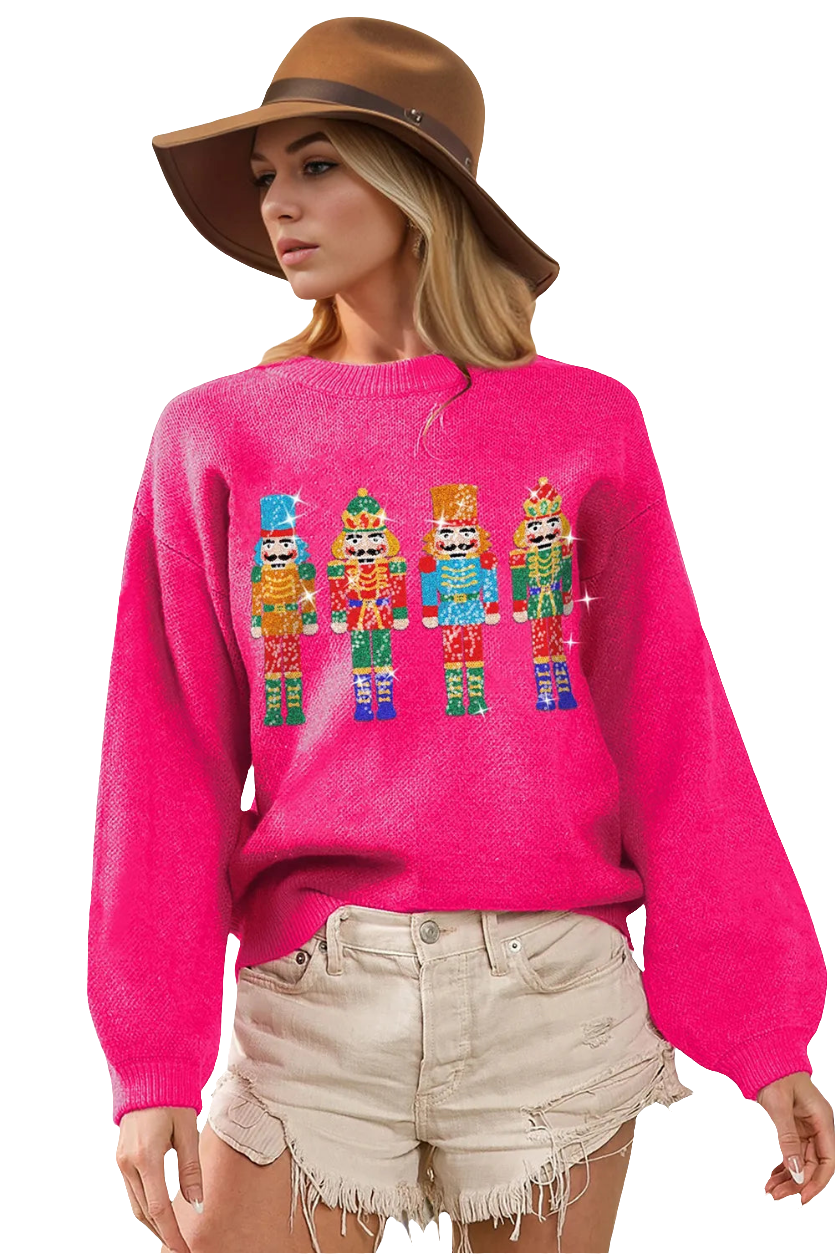 Double Take Full Size Sequin Nutcracker Long Sleeve Sweater