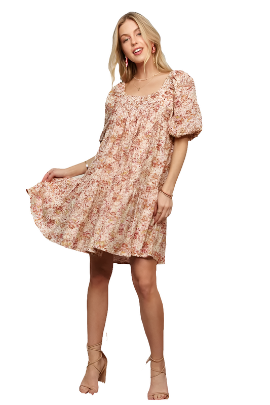 ADORA Floral Square Neck Puff Sleeve Dress