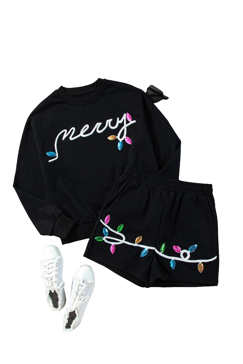 MERRY Sequin Round Neck Long Sleeve Top and Shorts Set