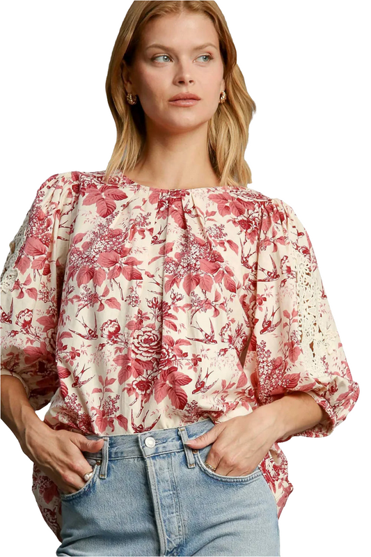 Umgee Floral Pleated Detail Lace Trim Sleeve Blouse