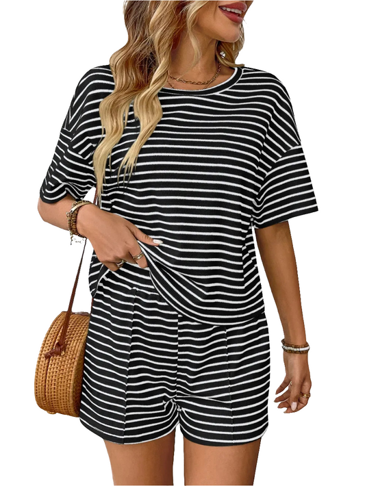 Striped Round Neck Short Sleeve Top and Shorts Set