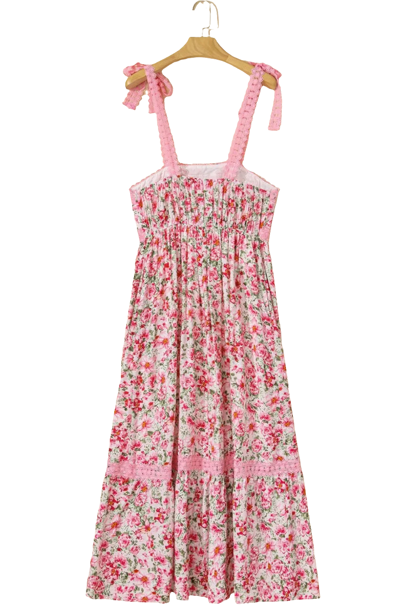 Floral Lace Tied Strap Square Neck Dress with Pockets