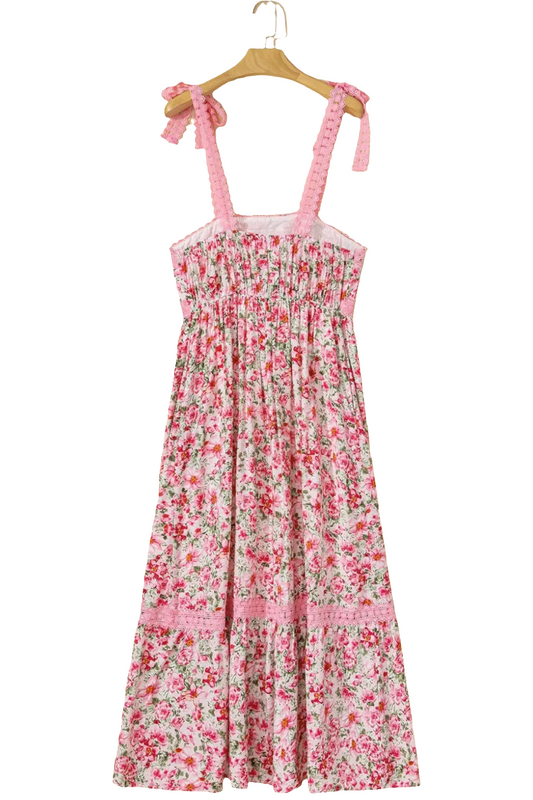 Floral Lace Tied Strap Square Neck Dress with Pockets