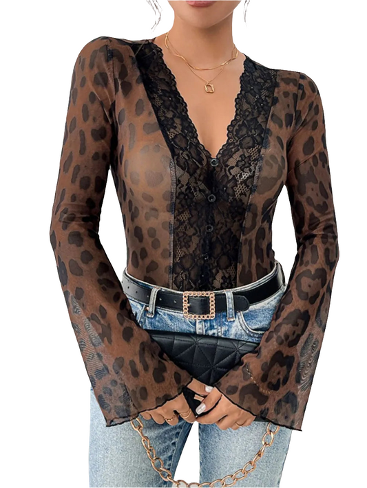 Perfee Leopard V-Neck Lace Bodysuit