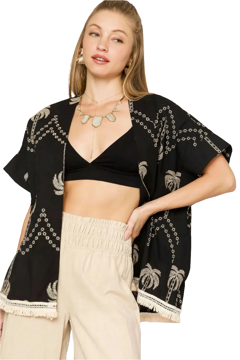 Umgee Open Front Embroidered Fringe Kimono