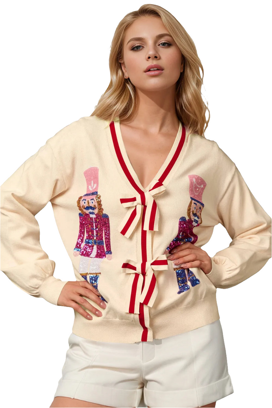 Double Take Full Size Nutcracker Sequin Bow Decor Cardigan