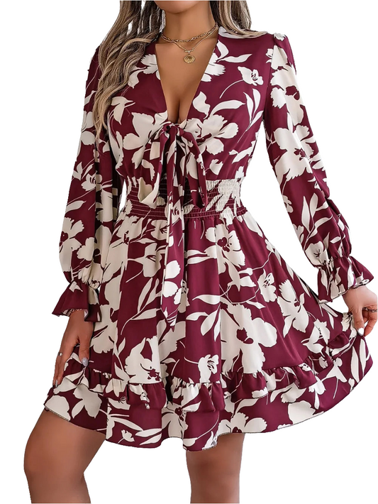 Tied Ruffled Printed Long Sleeve Dress