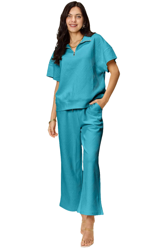 Double Take Full Size Texture Half Zip Short Sleeve Top and Pants Set