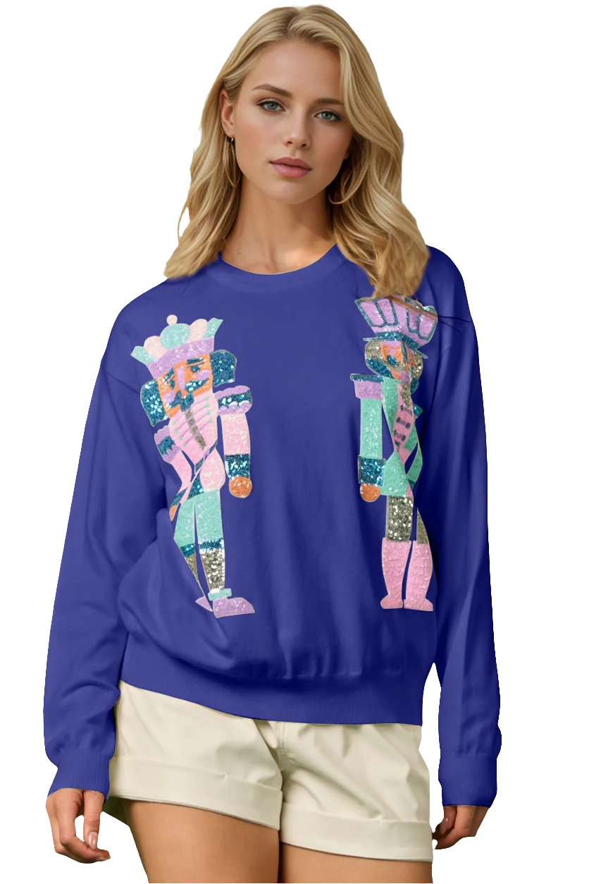 Double Take Full Size Sequin Nutcracker Long Sleeve Sweater