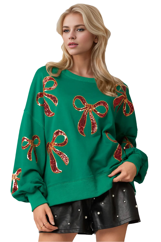 Double Take Christmas Bow Sequin Round Neck Dropped Shoulder Sweatshirt