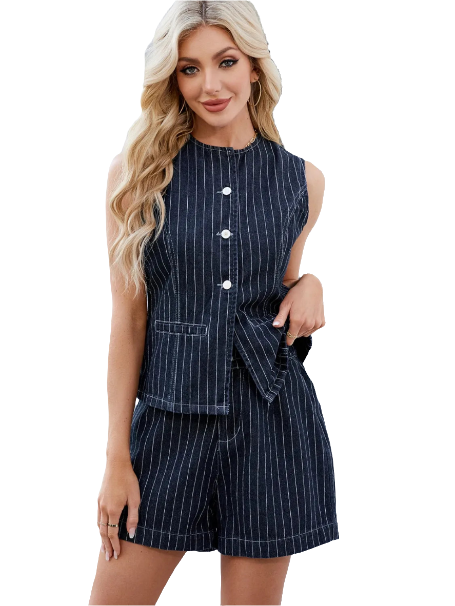 Round Neck Striped Top and Shorts Denim Set