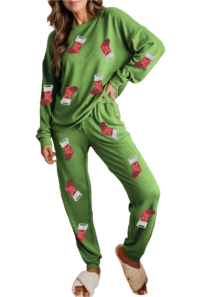 Sequin Socks Round Neck Long Sleeve Top and Pants Lounge Set