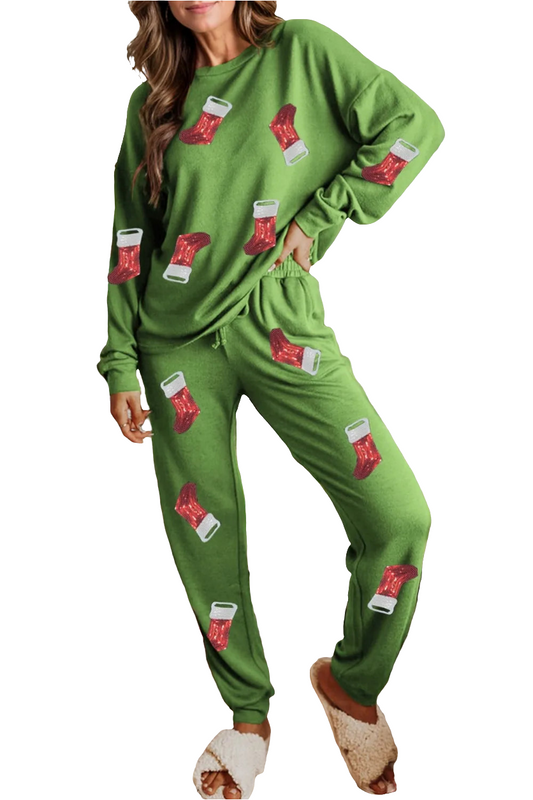 Sequin Socks Round Neck Long Sleeve Top and Pants Lounge Set