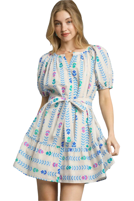Umgee Printed Tie Waist Puff Short Sleeve Mini Dress