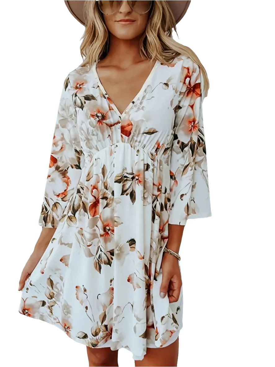 Floral V-Neck Three-Quarter Sleeve Mini Dress