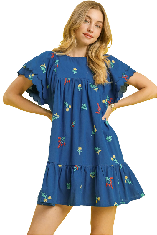 Umgee Floral Embroidered Short Sleeve Mini Dress