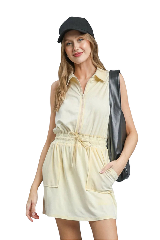 Zip Front Drawstring Waist Sleeveless Dress