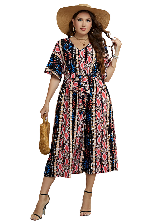 Honey Plus Size Bohemian V-Neck Tie Belt Midi Dress
