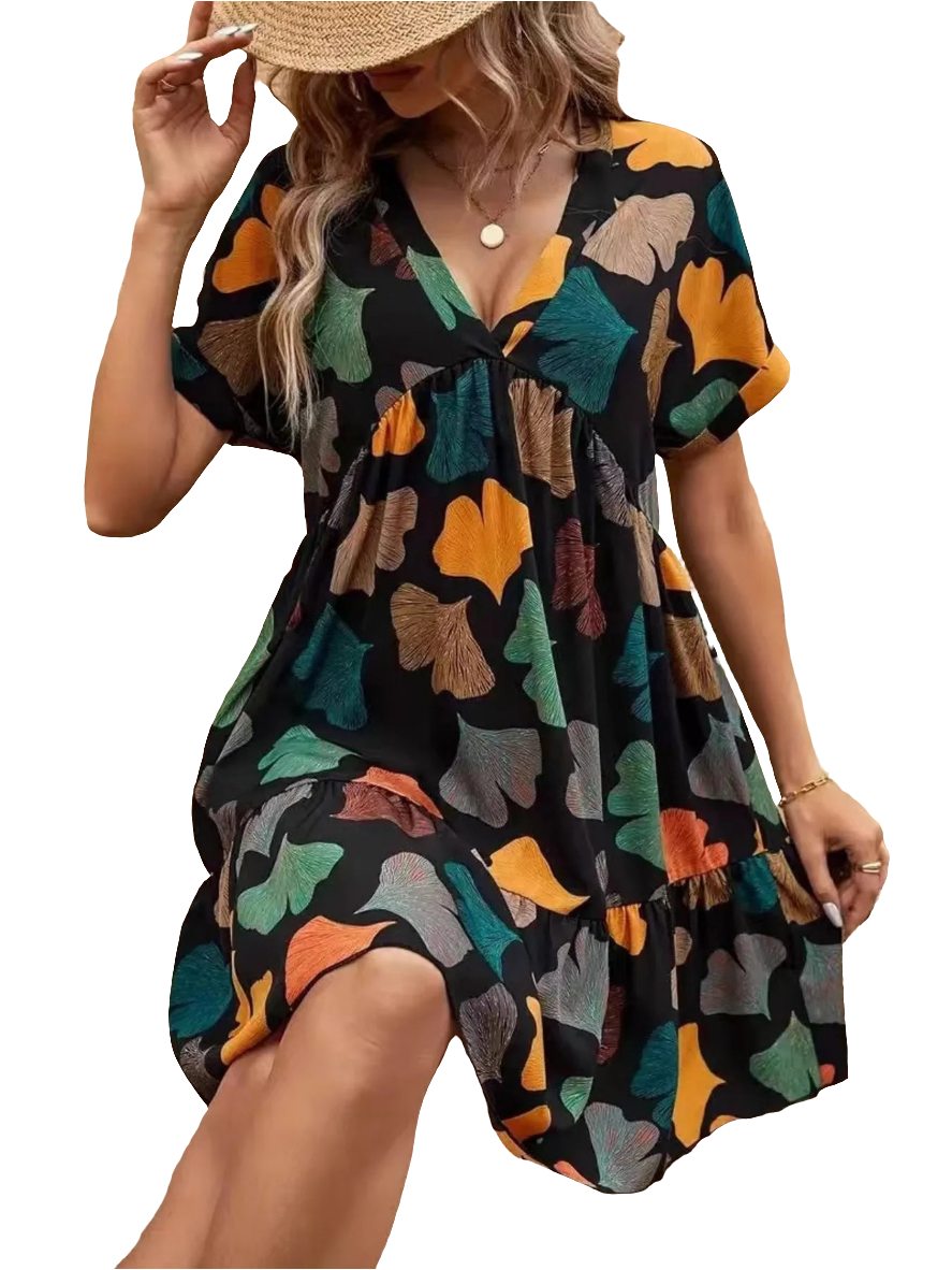 Printed V-neck Short Sleeve Boho Mini Dress