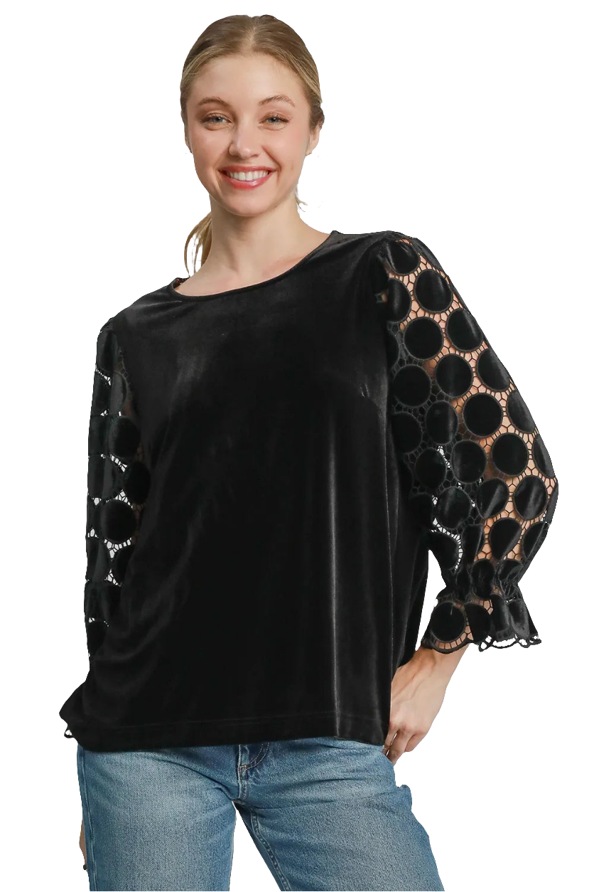 Umgee Polka Dot Lace Long Sleeve Round Neck Blouse