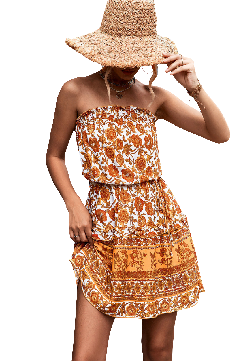 Bohemian Frill Trim Strapless Dress