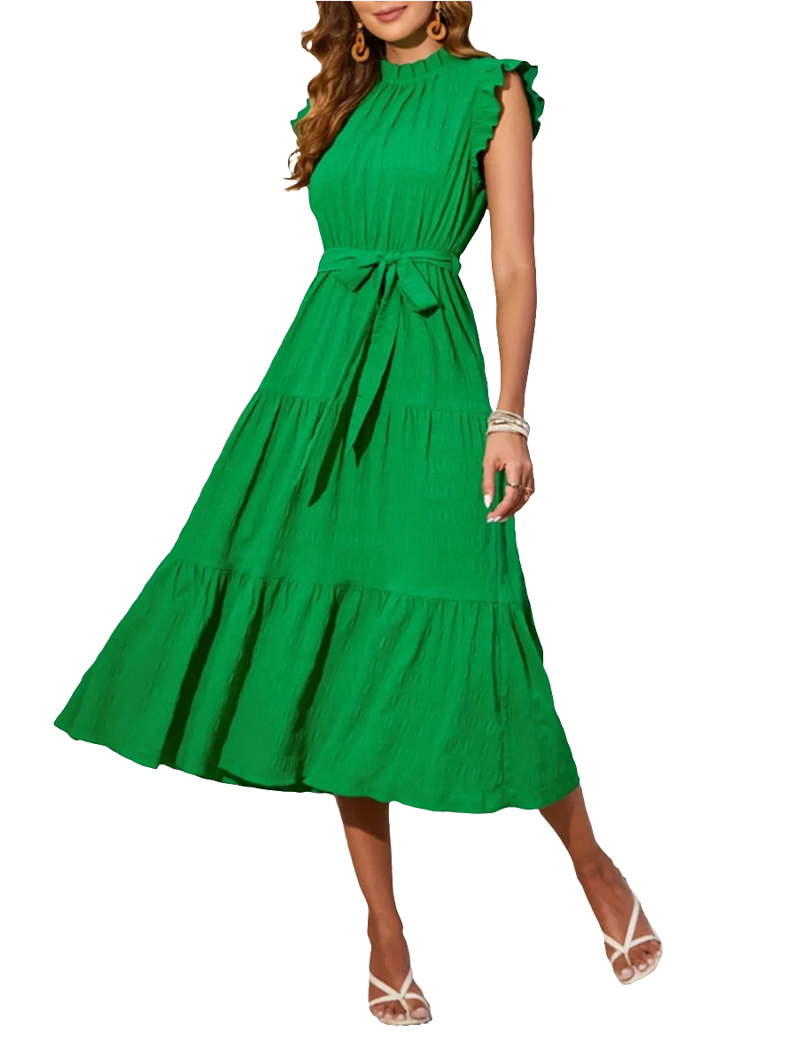 Frill Mock Neck Ruffled Cap Sleeve Midi Dress