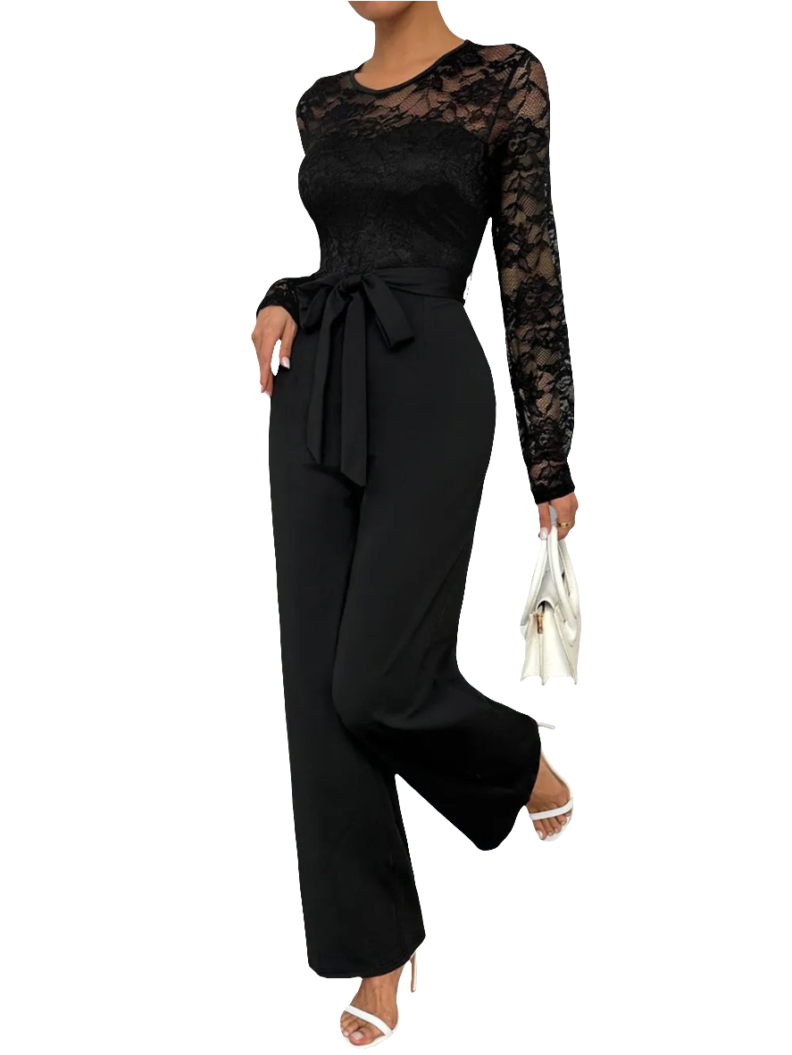 Perfee Lace Round Neck Long Sleeve Jumpsuit