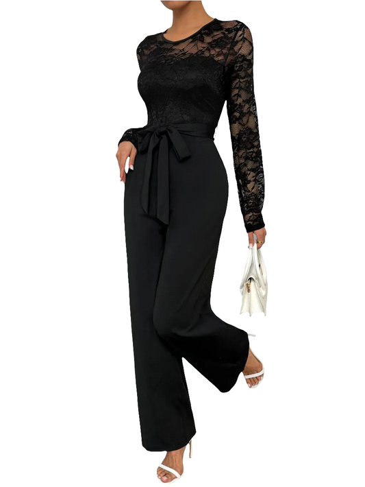 Perfee Lace Round Neck Long Sleeve Jumpsuit