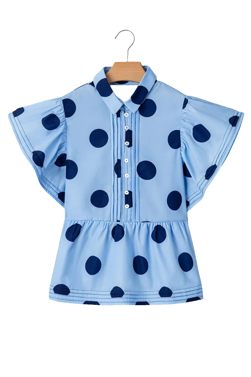Polka Dot Print Ruffled Short Sleeve Buttoned Collared Blouse