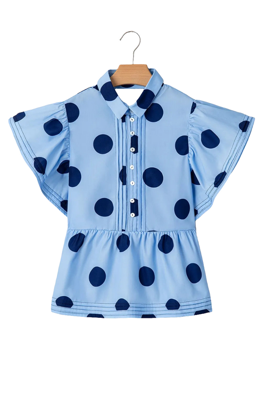 Polka Dot Print Ruffled Short Sleeve Buttoned Collared Blouse