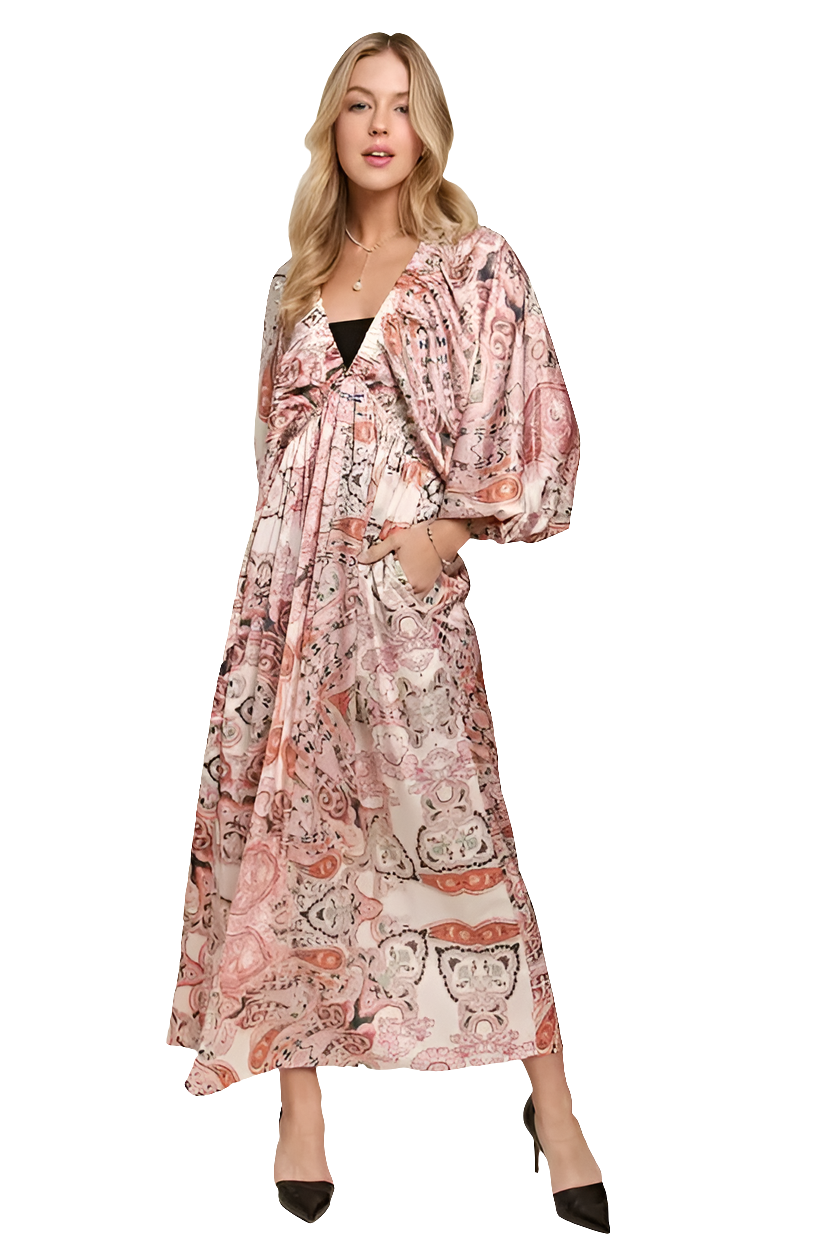 ADORA Printed V-Neck Batwing Sleeve Dress