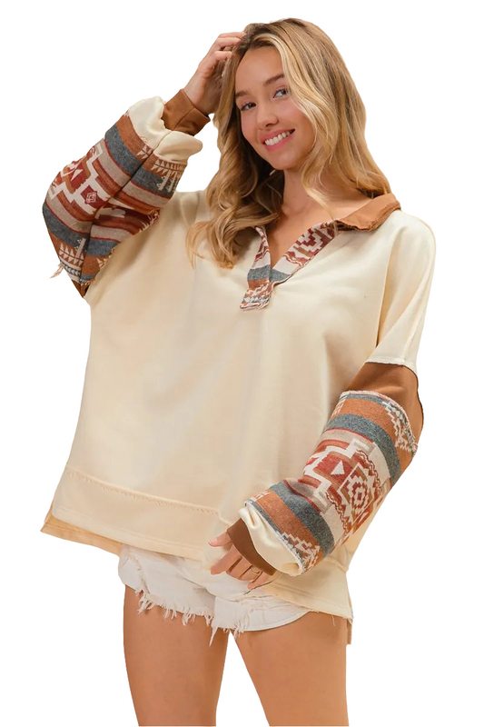 BiBi French Terry Knit and Aztec Print Mixed Top