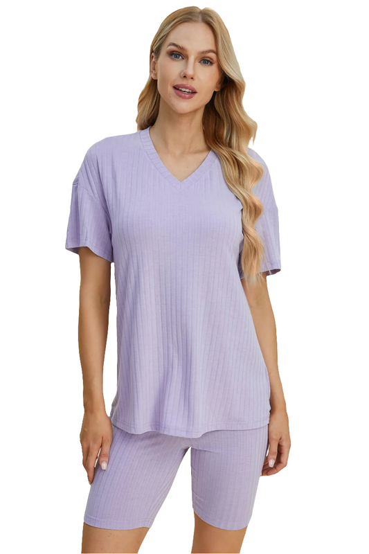 Basic Bae Full Size Ribbed V-Neck Short Sleeve Top and Shorts Set