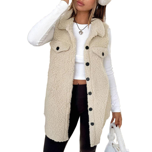 Women's Wool-Like Sleeveless Vest With Lapel, Waistcoat For Layering.